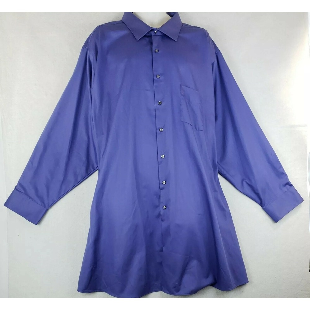 Van Heusen Men 22 35/36 Button Down Blue Lux Sateen Stretch Long Sleeve Shirt